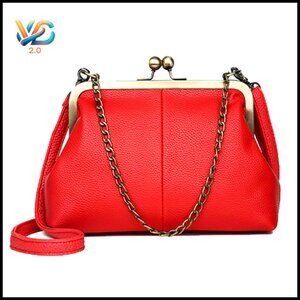 Small Vintage Kiss Lock Handbag with Chain‎ Strap - PU Leather Satchel